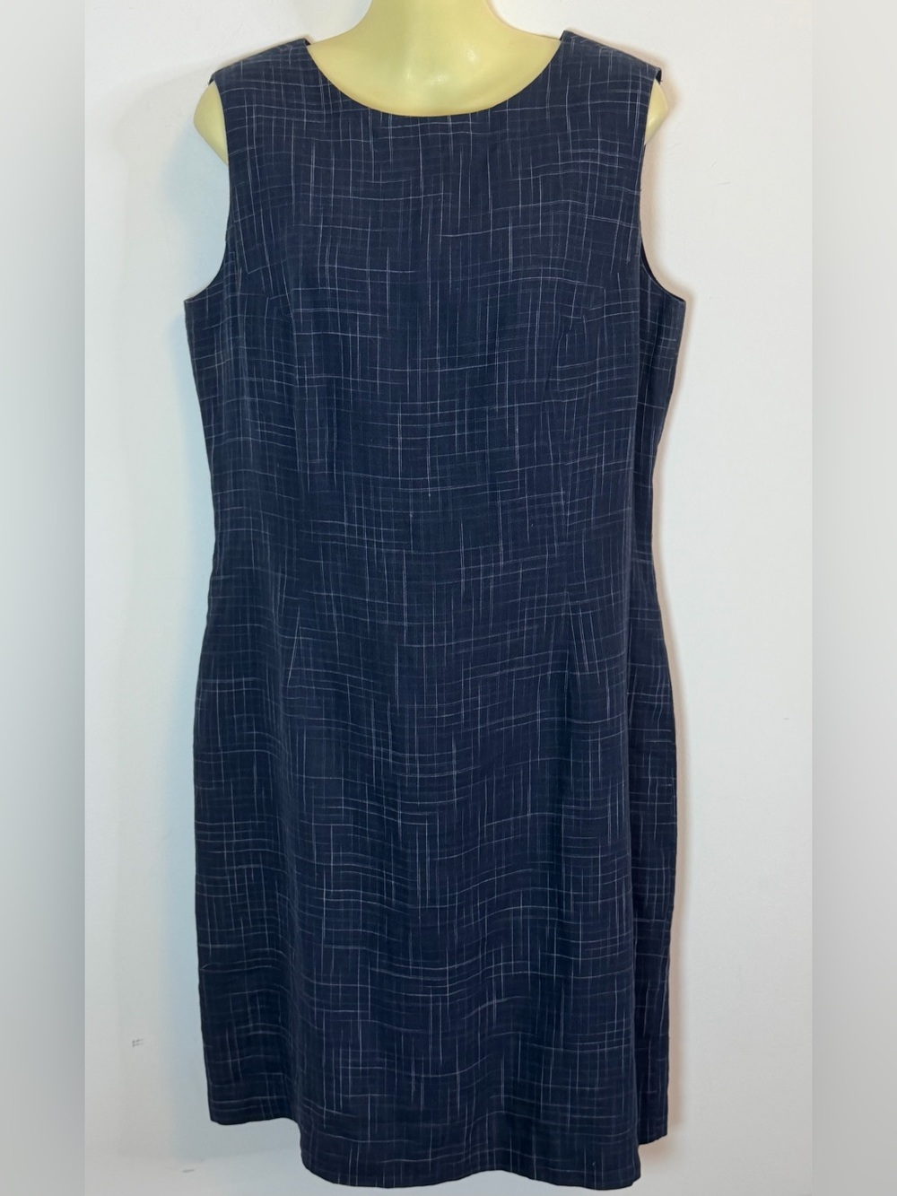 Vintage Barry Bricken Linen Sleeveless Navy Crosshatch Shift Dress